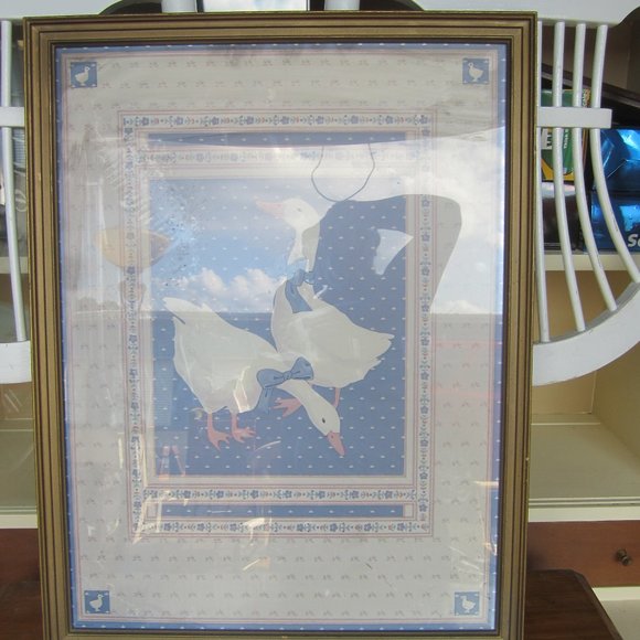 VTG 80'S PRINT WHITE GEESE FARMHOUSE CHIC, FRAMED, COA ON BACK - Picture 1 of 6